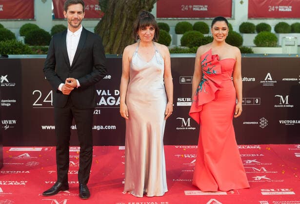June 8, 2021, Malaga, Spain: Actor, Marc Clotet, actress, Sterelyn Ramirez and director, Judith Colell poses for photographers at the red carpet inside miramar hotel..The new edition of the 24th Malaga Spanish Film Festival, a great cinematographic event in Spain, presents the film candidates to win the Biznaga de Oro prize, following all measures to prevent the spread of coronavirus and to guarantee a secure event. The festival will be held from 3 to 13 June. Malaga Spain - ZUMAs197 20210608_zaa_s197_192 Copyright: xJesusxMeridax