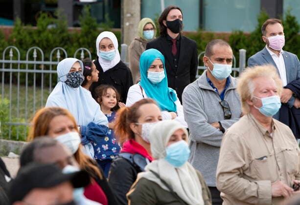 June 11, 2021, QUEBEC, PQ, Canada: People gather at the Quebec Mosque shooting commemoration site in a vigil to honor the victims of an anti-Muslim attack in London Ont. Friday, June 11, 2021 in Quebec City. QUEBEC Canada  - ZUMAc35_ 20210611_zaf_c35_125 Copyright: xJacquesxBoissinotx