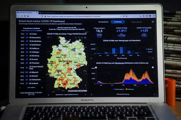 Coronavirus in Deutschland - Covid-19-Dashboard des Robert Koch-Institut 12.06.2021: Robert Koch-Institut: 7-Tage-Inzidenz 18,3. 7-Tage-Fallzahl 15.181. COVID-19-Fälle 3.713.480. Zugang um 1.911 gegenüber dem Vortag. COVID-19-Todesfälle 89.816. Zugang um 129 gegenüber dem Vortag.