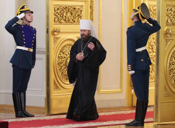 MOSCOW, RUSSIA - JUNE 12, 2021: Metropolitan Ilarion (C) of Volokolamsk, Chairman of the Department of External Church Relations of the Moscow Patriarchate, a winner of the 2020 State Prize in literature and arts, arrives for a ceremony held at the Moscow Kremlin on Russia Day to present state decorations and prizes. Mikhail Klimentyev Russian Presidential Press and Information Office TASS  TS1046E9