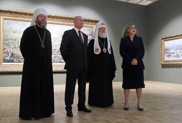 MOSCOW, RUSSIA - JUNE 12, 2021: Metropolitan Tikhon of Pskov and Porkhov (Georgy Shevkunov), Russiaâ€™s President Vladimir Putin, Patriarch Kirill of Moscow and all Russia, and State Tretyakov Gallery Director Zelfira Tregulova (L-R) attend the exhibition History of Russia as seen by Artists. To the 800th Birth Anniversary of Alexander Nevsky at the State Tretyakov Gallery. The exhibition shows over 100 paintings from 37 Russian museums and three private collections. Alexander Shcherbak TASS  TS1046EC