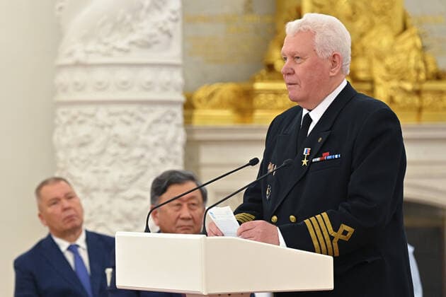 MOSCOW, RUSSIA - JUNE 12, 2021: Gennady Antokhin, captain instructor of the security and quality department of the Far East Shipping Company s Vladivostok office, awarded a Hero of Labour medal, speaks during a ceremony held at the Moscow Kremlin for Russia s President Putin to present state decorations and prizes on Russia Day. Yevgeny Odinokov Russian Presidential Press and Information Office TASS  TS1046F3