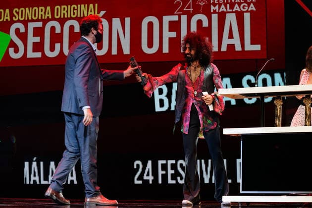 June 12, 2021, Malaga, Spain: Ara Malikian (r) seen giving Biznaga de Plata a la Mejor Musica Award to Marcus JGR Closing Gala of Festival de Malaga 2021 at Teatro Cervantes.. El Ventre del Mar , a film directed by Agusti Villaronga, have been the most awarded film during Festival de Malaga 2021. Malaga Spain - ZUMAs197 20210612_zaa_s197_560 Copyright: xFrancisxGonzalezx