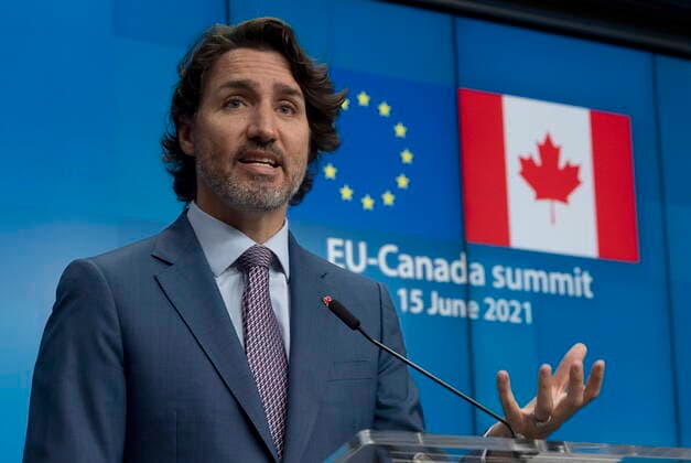 EU-Kanada Gipfel in Brüssel, Charles Michel und Ursula von der Leyen empfangen Justin Trudeau June 15, 2021, Brussels, Belgium: Canadian Prime Minister Justin Trudeau responds to a question during a joint news conference with European Council President Charles Michel and European Commission President Ursula von der Leyen following the EU-Canada Summit Tuesday June 15, 2021 in Brussels, Belgium. Brussels Belgium  - ZUMAc35_ 20210615_zaf_c35_004 Copyright: xAdrianxWyldx