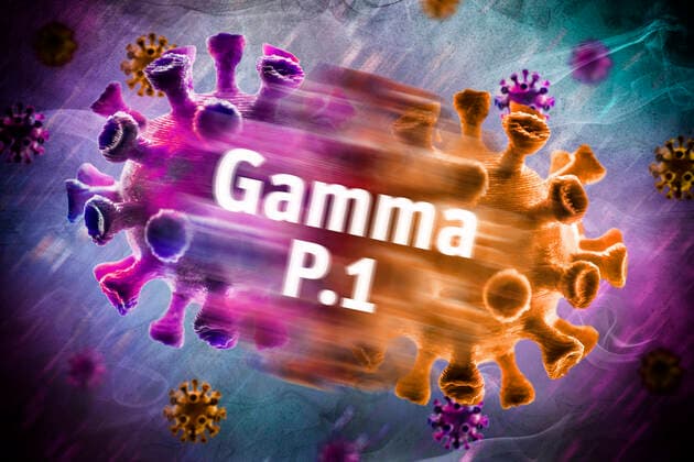 FOTOMONTAGE, Mutierter Coronavirus, Symbolfoto Gamma-Variante P.1