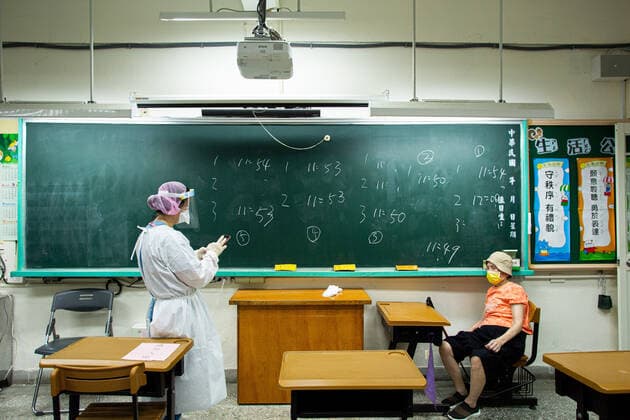COVID-19 Vaccination For Elderly People In Taipei, Taiwan A medical worker seen noting down time for each person who are vaccinated on the blackboard at the observation area at an elementary school, on June 15, 2021. New Taipei Taiwan chih-notitle210615_npSVk  Copyright: xAnnabellexChihx