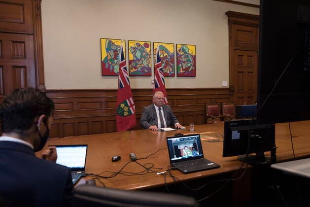 June 15, 2021, Toronto, on, Canada: Ontario Premier Doug Ford participates in a press conference remotely from Queen s Park regarding Residential School burial sites in Toronto on Tuesday, June 15, 2021. Ontario is committing $10 million to identify, investigate and commemorate burial sites on the grounds of former residential schools in the province. Ford announced the funds today with Indigenous Affairs Minister Greg Rickford and Indigenous leaders. Toronto Canada  - ZUMAc35_ 20210615_zaf_c35_030 Copyright: xTijanaxMartinx