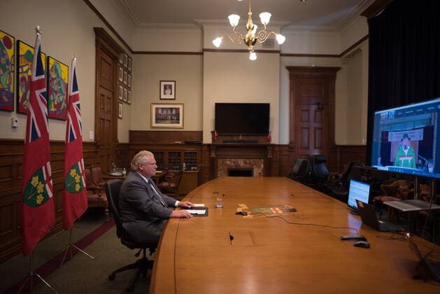 June 15, 2021, Toronto, on, Canada: Ontario Premier Doug Ford participates in a press conference remotely from Queen s Park regarding Residential School burial sites in Toronto on Tuesday, June 15, 2021. Ontario is committing $10 million to identify, investigate and commemorate burial sites on the grounds of former residential schools in the province. Ford announced the funds today with Indigenous Affairs Minister Greg Rickford and Indigenous leaders. Toronto Canada  - ZUMAc35_ 20210615_zaf_c35_031 Copyright: xTijanaxMartinx