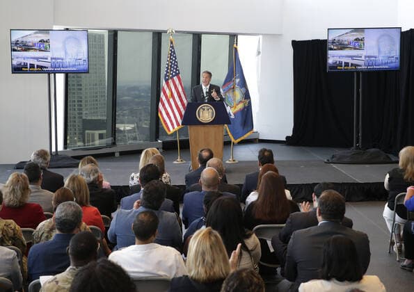New York Gov. Andrew Cuomo makes an official announcement that New York State has officially lifted all COVID restrictions and lockdowns at One World Trade Center in New York City on Tuesday, June 15, 2021.  NYP20210615113 JohnxAngelillo