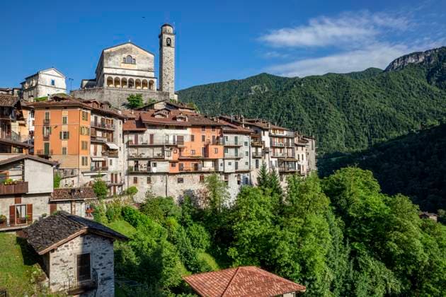 Houses at mountain village near San Giorgio church in Bagolino, Province of Brescia, Lombardy, Italy MAMF01745