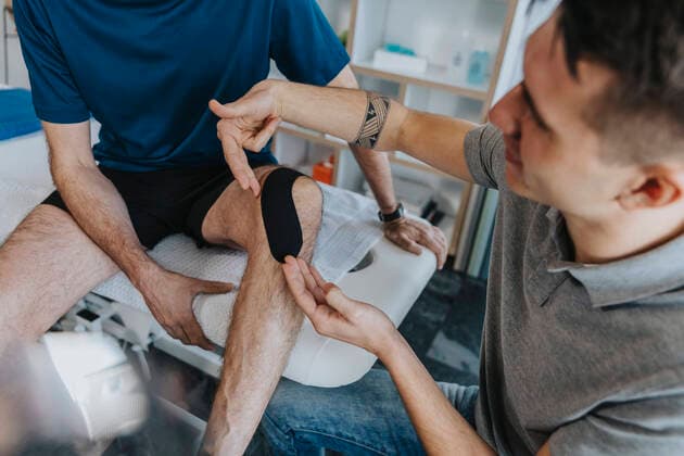 Male physical therapist sticking kinesio tape on patient s knee at massage table in practice model released Symbolfoto property released MFF07710