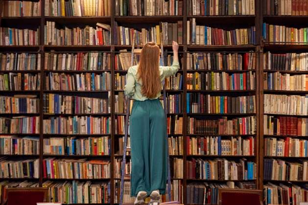 Young woman standing on ladder while searching book in library model released Symbolfoto property released VEGF04390