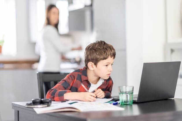 Boy concentrating whiling studying through laptop at home model released Symbolfoto property released WPEF04380