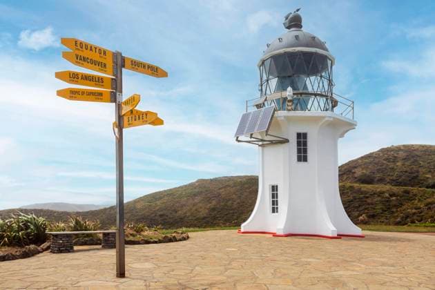 New Zealand, North Island, Directional signpost in front of Cape Reinga Lighthouse WVF01958