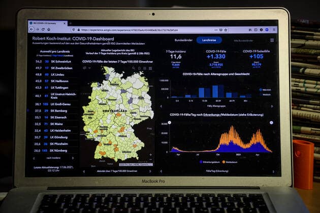 Coronavirus in Deutschland - Covid-19-Dashboard des Robert Koch-Institut 17.06.2021: Robert Koch-Institut: 7-Tage-Inzidenz 11,6. 7-Tage-Fallzahl 9.644. COVID-19-Fälle 3.718.955. Zugang um 1.330 gegenüber dem Vortag. COVID-19-Todesfälle 90.179. Zugang um 105 gegenüber dem Vortag.