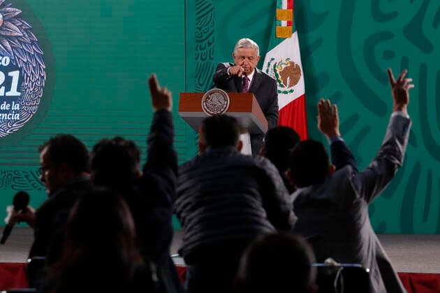 Mexican President Lopez Obrador Daily Briefing The President of Mexico, Andres Manuel Lopez Obrador, gesticulates while response the questions of the media during his daily briefing at National Palace on June 16, 2021 in Mexico City, Mexico. Mexico City Mexico group-mexicanp210616_npeqJ  Copyright: xEyepixx