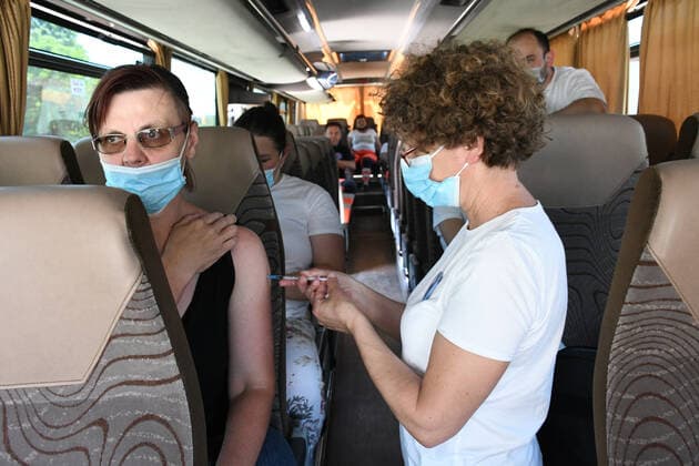 Croatia Coronavirus vaccine bus A medical worker administers a dose of the COVID-19 vaccine in Coronavirus vaccine bus in Bjelovar, Croatia on June 17, 2021. Coronavirus vaccine bus travelling around city of Bjelovar and suburbs offering a walk-in vaccine service. DamirxSpehar PIXSELL