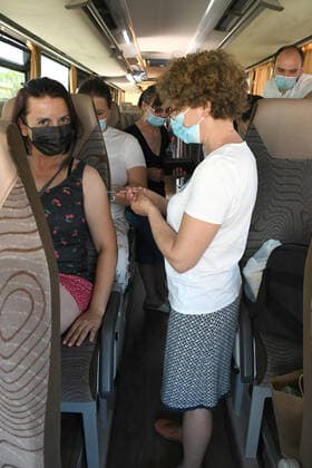Croatia Coronavirus vaccine bus A woman is being vaccinated at Coronavirus vaccine bus in Bjelovar, Croatia on June 17, 2021. Coronavirus vaccine bus travelling around city of Bjelovar and suburbs offering a walk-in vaccine service. DamirxSpehar PIXSELL