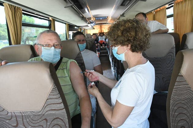 Croatia Coronavirus vaccine bus A man is being vaccinated at Coronavirus vaccine bus in Bjelovar, Croatia on June 17, 2021. Coronavirus vaccine bus travelling around city of Bjelovar and suburbs offering a walk-in vaccine service. DamirxSpehar PIXSELL