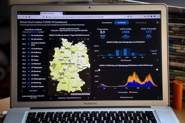 Coronavirus in Deutschland - Covid-19-Dashboard des Robert Koch-Institut 22.06.2021: Robert Koch-Institut: 7-Tage-Inzidenz 8,0. 7-Tage-Fallzahl 6.665. COVID-19-Fälle 3.722.782. Zugang um 455 gegenüber dem Vortag. COVID-19-Todesfälle 90.472. Zugang um 77 gegenüber dem Vortag.