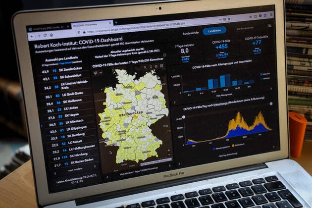 Coronavirus in Deutschland - Covid-19-Dashboard des Robert Koch-Institut 22.06.2021: Robert Koch-Institut: 7-Tage-Inzidenz 8,0. 7-Tage-Fallzahl 6.665. COVID-19-Fälle 3.722.782. Zugang um 455 gegenüber dem Vortag. COVID-19-Todesfälle 90.472. Zugang um 77 gegenüber dem Vortag.