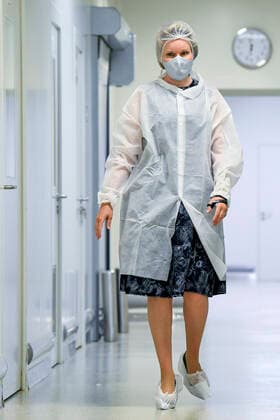 Queen Mathilde of Belgium pictured during a royal visit to the Tilman Pharmaceutical Laboratory, Tuesday 22 June 2021, in Baillonville.  POOLxFREDERICxSIERAKOWSKI 3014591
