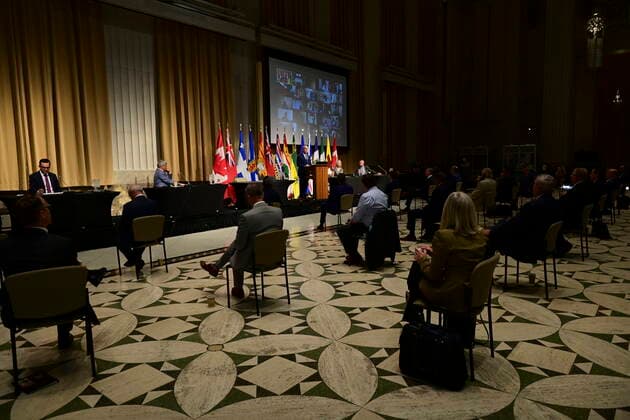 June 23, 2021, Ottawa, on, Canada: Conservative Leader Erin O Toole addresses the Conservative caucus during a meeting in Ottawa on Wednesday, June 23, 2021. Ottawa Canada  - ZUMAc35_ 20210623_zaf_c35_005 Copyright: xSeanxKilpatrickx