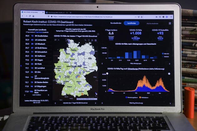 Coronavirus in Deutschland - Covid-19-Dashboard des Robert Koch-Institut 24.06.2021: Robert Koch-Institut: 7-Tage-Inzidenz 6,6. 7-Tage-Fallzahl 5.474. COVID-19-Fälle 3.724.806. Zugang um 1.008 gegenüber dem Vortag. COVID-19-Todesfälle 90.616. Zugang um 93 gegenüber dem Vortag.