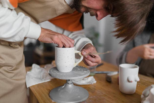 Male expert polishing cup with sand paper at workshop model released Symbolfoto property released ASSF00107