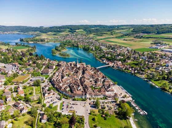 Switzerland, Canton of Schaffhausen, Stein am Rhein, Aerial view of riverside town in summer ELF02387