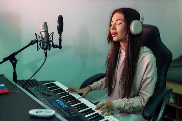 Young female singer singing while playing piano in studio model released Symbolfoto property released JRVF01013