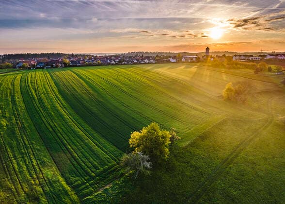 Germany, Baden Wurttemberg, Aerial view of agricultural fields in Swabian forest at sunrise STSF02968