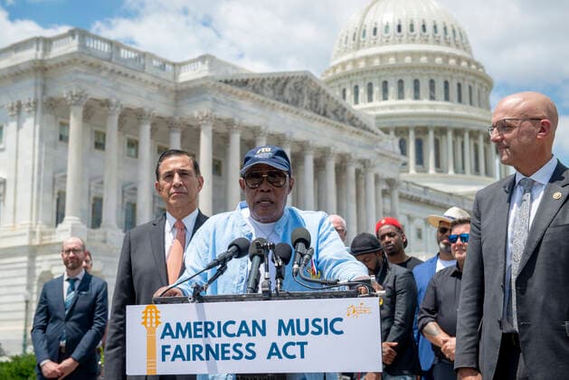 United States Representative Darrell Issa (Republican of California), left, and United States Representative Ted Deutch (Democrat of Florida), right, listen while singer Sam Moore, center, offers remarks during a press conference to introduce the American Music Fairness Act outside of the the US Capitol in Washington, DC, Thursday, June 24, 2021. Copyright: xPoolxviaxCNPx MediaPunchx