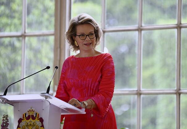 Queen Mathilde of Belgium pictured during a ceremony to award the Queen Mathilde Award 2021, in Brussels, Friday 25 June 2021. The winner of the Award is Debateville, an association with expression worshops for youngs to help express ideas.  ERICxLALMAND 06086707