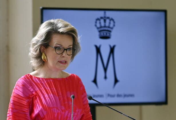 Queen Mathilde of Belgium pictured during a ceremony to award the Queen Mathilde Award 2021, in Brussels, Friday 25 June 2021. The winner of the Award is Debateville, an association with expression worshops for youngs to help express ideas.  ERICxLALMAND 06086704