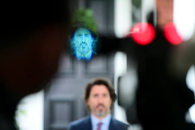 June 25, 2021, Ottawa, on, Canada: Prime Minister Justin Trudeau is seen in the viewfinder of a TV camera as he holds a press conference at Rideau Cottage in Ottawa on Friday, June 25, 2021. Ottawa Canada  - ZUMAc35_ 20210625_zaf_c35_011 Copyright: xSeanxKilpatrickx