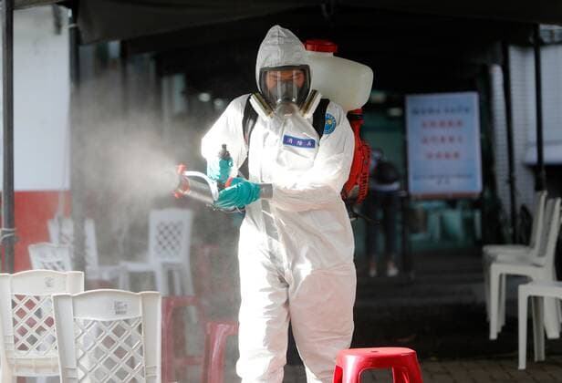 June 26, 2021, Taipei, Taipei, Taiwan: A chemical troop solider disinfects a Covid-19 testing station, as the island has reported its first locally acquired delta variant case of the coronavirus following a cluster linking to imported cases from India and Peru, with the government grappling with an ongoing outbreak. Taipei Taiwan - ZUMAs313 20210626_zip_s313_008 Copyright: xDanielxCengxShou-Yix