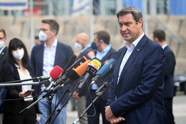 Markus SOEDER (Ministerpraesident Bayern und CSU Vorsitzender) bei einem Pressestatement,tritt vor die Mikrofone. Bundestags-Listenaufstellung der CSU im Max Morlock Stadion in Nuernberg am 26.06.2021.