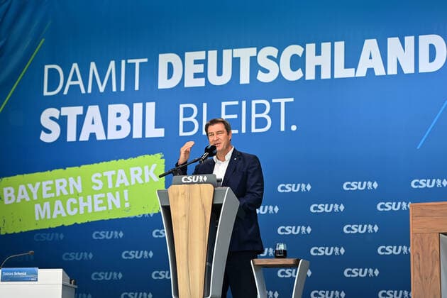 Markus SOEDER (Ministerpraesident Bayern und CSU Vorsitzender) bei seiner Rede vor Wahlkampfmotto DAMIT DEUTSCHLAND STABIL BLEIBT.BAYERN STARK MACHEN! Bundestags-Listenaufstellung der CSU im Max Morlock Stadion in Nuernberg am 26.06.2021.