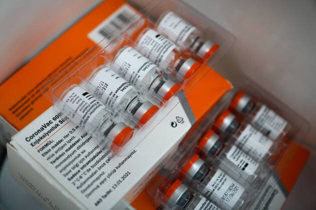 June 28, 2021, Ankara, Turkey: Vials containing Sinovac vaccine at the Ankara high-speed train station..A team affiliated to the Ministry of Health of the Republic of Turkey set up against COVID-19 vaccine stand at the Ankara high speed train station. In Turkey, as of June 25, anyone over the age of 18 can get the Sinovac or Biontech vaccine without an appointment. Ankara Turkey - ZUMAs197 20210628_zaa_s197_103 Copyright: xTunahanxTurhanx