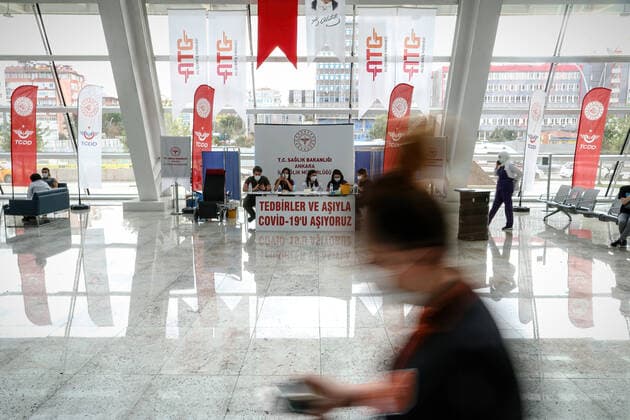 June 28, 2021, Ankara, Turkey: The stand opened by the Ministry of Health of the Republic of Turkey seen at the Ankara high speed train station for COVID-19 vaccination..A team affiliated to the Ministry of Health of the Republic of Turkey set up against COVID-19 vaccine stand at the Ankara high speed train station. In Turkey, as of June 25, anyone over the age of 18 can get the Sinovac or Biontech vaccine without an appointment. Ankara Turkey - ZUMAs197 20210628_zaa_s197_117 Copyright: xTunahanxTurhanx
