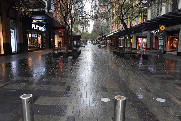 NSW CORONAVIRUS COVID19, Pitt Street Mall is seen empty in the central business district in Sydney, Tuesday, June 29, 2021. More than five million people in Greater Sydney and its surrounds have gone into a 14-day lockdown as health authorities try to regain control of a coronavirus outbreak. ( NO ARCHIVING, EDITORIAL USE ONLY, NO USE IN BOOKS WITHOUT CONSENT SYDNEY NSW AUSTRALIA  Copyright: xMICKxTSIKASx 20210629001553397132