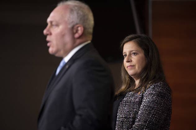 House Minority Whip Steve Scalise, R-LA, speaks as Rep. Elise Stefanik, R-NY, listens during a press conference on the COVID-19 virus, at the U.S. Capitol in Washington, DC., on Tuesday, June 29, 2021.  WAP20210629766 BONNIExCASH