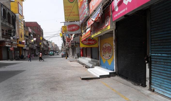NEW DELHI, INDIA - JUNE 30: Laxmi Nagar Market seen deserted as shope closed after government has ordered the closure of markets and adjoining areas until July 5 over alleged violation of Covid-19 safety protocols, on June 30, 2021 in New Delhi, India. The government has said there was a heavy footfall in the Laxmi Nagar market, so it has been closed till July 5. (Photo by Mohd Zakir Hindustan Times) Laxmi Nagar Market In Delhi Closed Over Covid-19 Protocol Violations