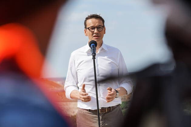 Poland Politics Daily PM Mateusz Morawiecki visiting the construction site of a waterway connecting the Vistula Lagoon with the Gulf of Gdansk is seen in Nowy Swiat, Vistula Spit, Poland on 1 July 2021 Controversial The Vistula Spit canal is curently under construction canal across the Polish section of the Vistula Spit that will create a second connection between the Vistula Lagoon and Gdansk Bay (Baltic Sea) Nowy Swiat Poland fludra-polishpr210701_npjEk  Copyright: xMichalxFludrax
