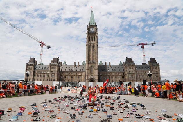 July 1, 2021, Ottawa, on, Canada: Jane Kigutaq, a kindergarten teacher from Arctic Bay now living in Ottawa, protests on Parliament Hill at a Cancel Canada Day event in response to the discovery of unmarked indigenous graves at residential schools on Thursday, July 1, 2021. Ottawa Canada  - ZUMAc35_ 20210701_zaf_c35_108 Copyright: xPatrickxDoylex