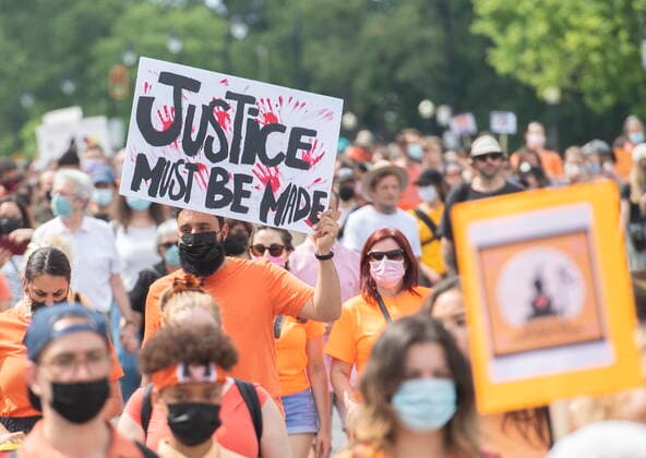 July 1, 2021, Montreal, PQ, Canada: People take part in a gathering and march to honour Indigenous children, denounce genocide and demand justice for residential school victims in Montreal, Thursday, July 1, 2021. Montreal Canada  - ZUMAc35_ 20210701_zaf_c35_112 Copyright: xGrahamxHughesx