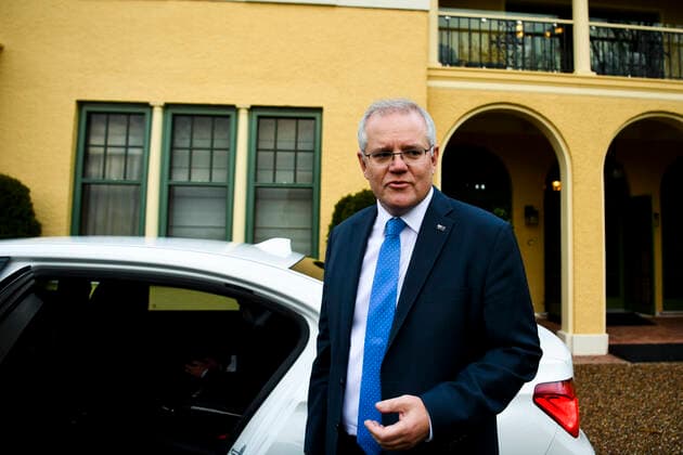 SCOTT MORRISON QUARANTINE, Australian Prime Minister Scott Morrison leaves the Lodge after spending two weeks in quarantine in Canberra, Friday, July 2, 2021. ( NO ARCHIVING, EDITORIAL USE ONLY, NO USE IN BOOKS WITHOUT CONSENT CANBERRA ACT AUSTRALIA  Copyright: xLUKASxCOCHx 20210702001554153436