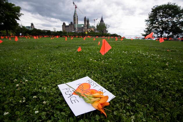July 1, 2021, Ottawa, on, Canada: A message of remembrance lies on the grass among orange flags, representing children who died while attending Indian Residential Schools in Canada, in the grass at Major s Hill Park in Ottawa, on Canada Day, Thursday, July 1, 2021. Ottawa Canada - ZUMAc35_ 20210701_zaf_c35_238 Copyright: xJustinxTangx