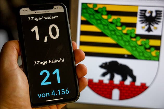 Coronavirus in Deutschland - Covid-19-Dashboard des Robert Koch-Institut DEU, Deutschland, Sachsen-Anhalt, 02.07.2021: Die 7-Tage-Inzidenz für das Bundesland (Fälle letzte 7 Tage 100.000 EW) wird auf einem iPhone angezeigt, im Hintergrund das Landeswappen